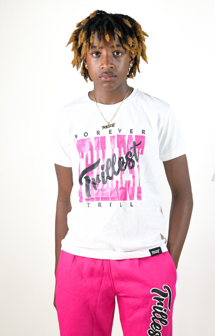 Cursive Trillest Big Kids Tee - White/Hot Pink