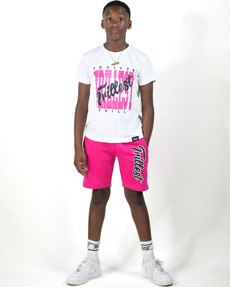 Cursive Trillest Big Kids Tee - White/Hot Pink