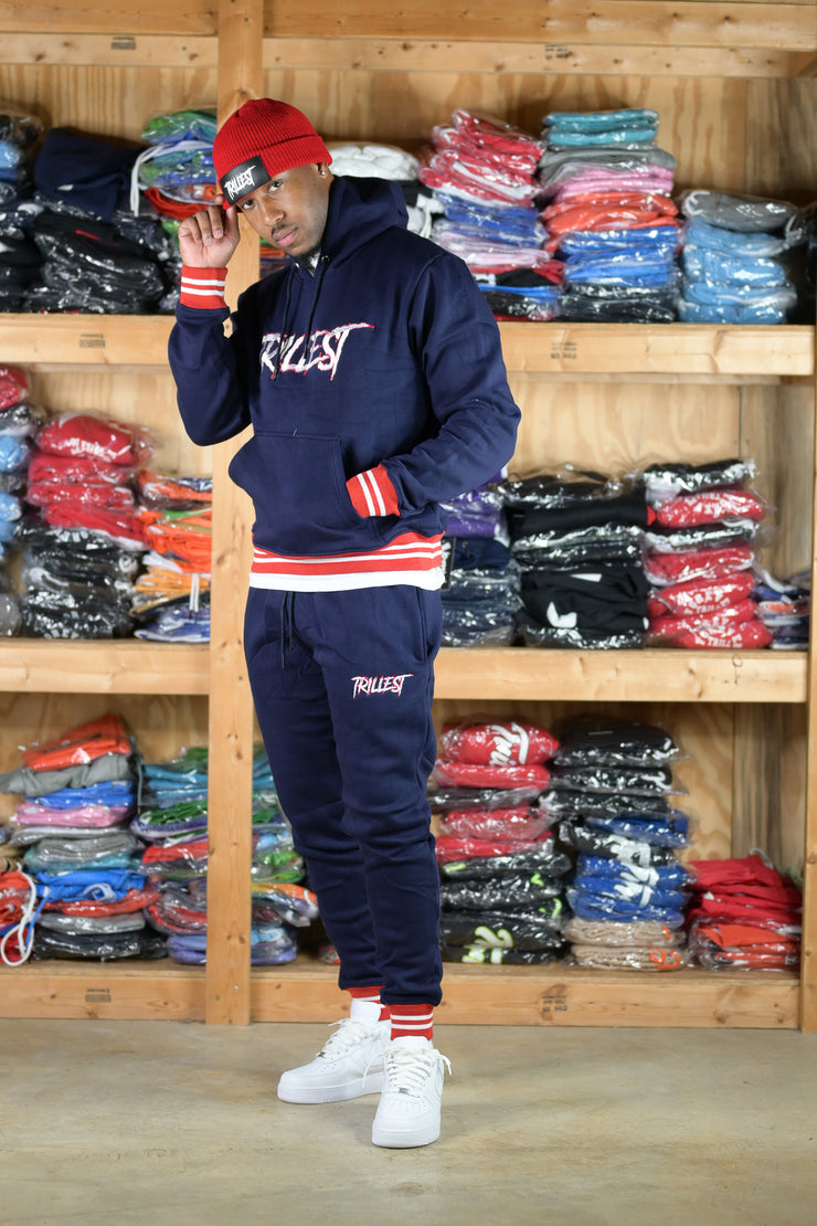 Trillest Ribbed Hoodie - Navy\Red