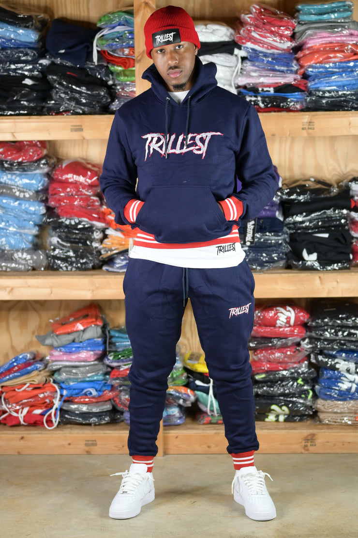 Trillest Ribbed Hoodie - Navy\Red