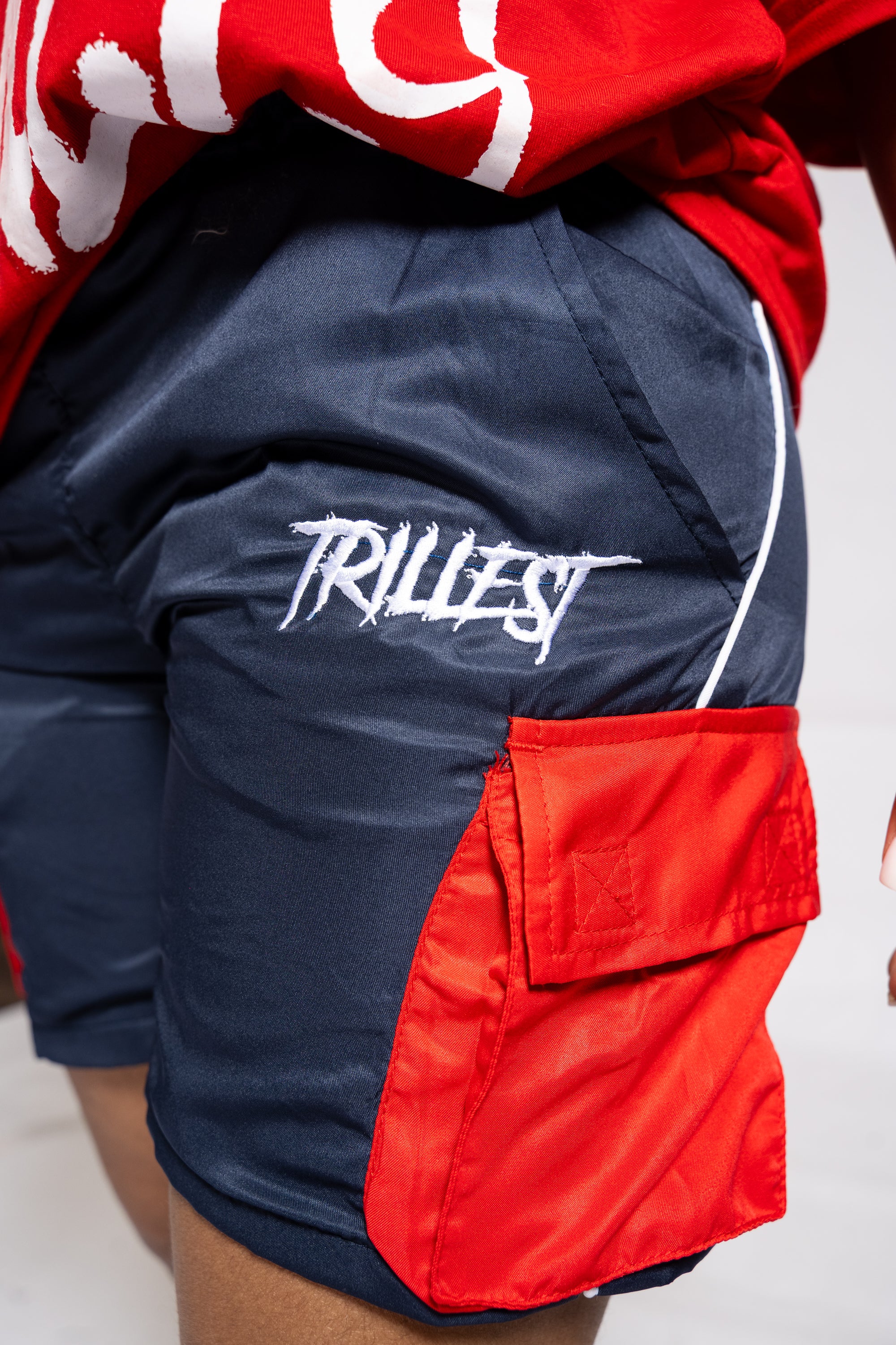 Cargo Windbreaker Shorts - Navy/Red