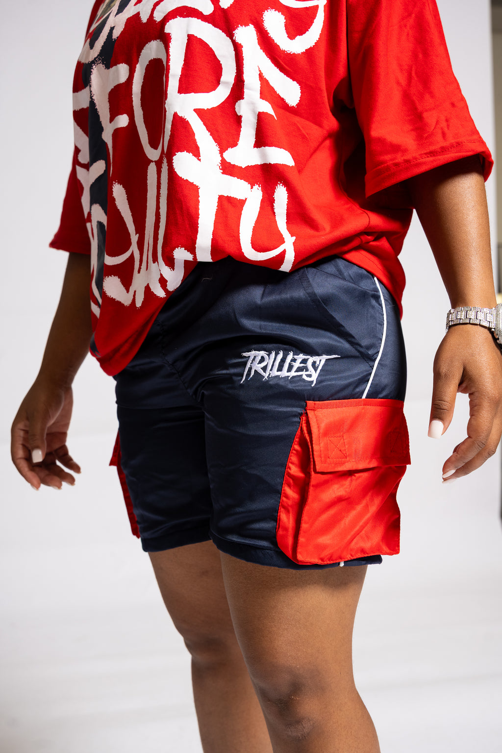 Cargo Windbreaker Shorts - Navy/Red