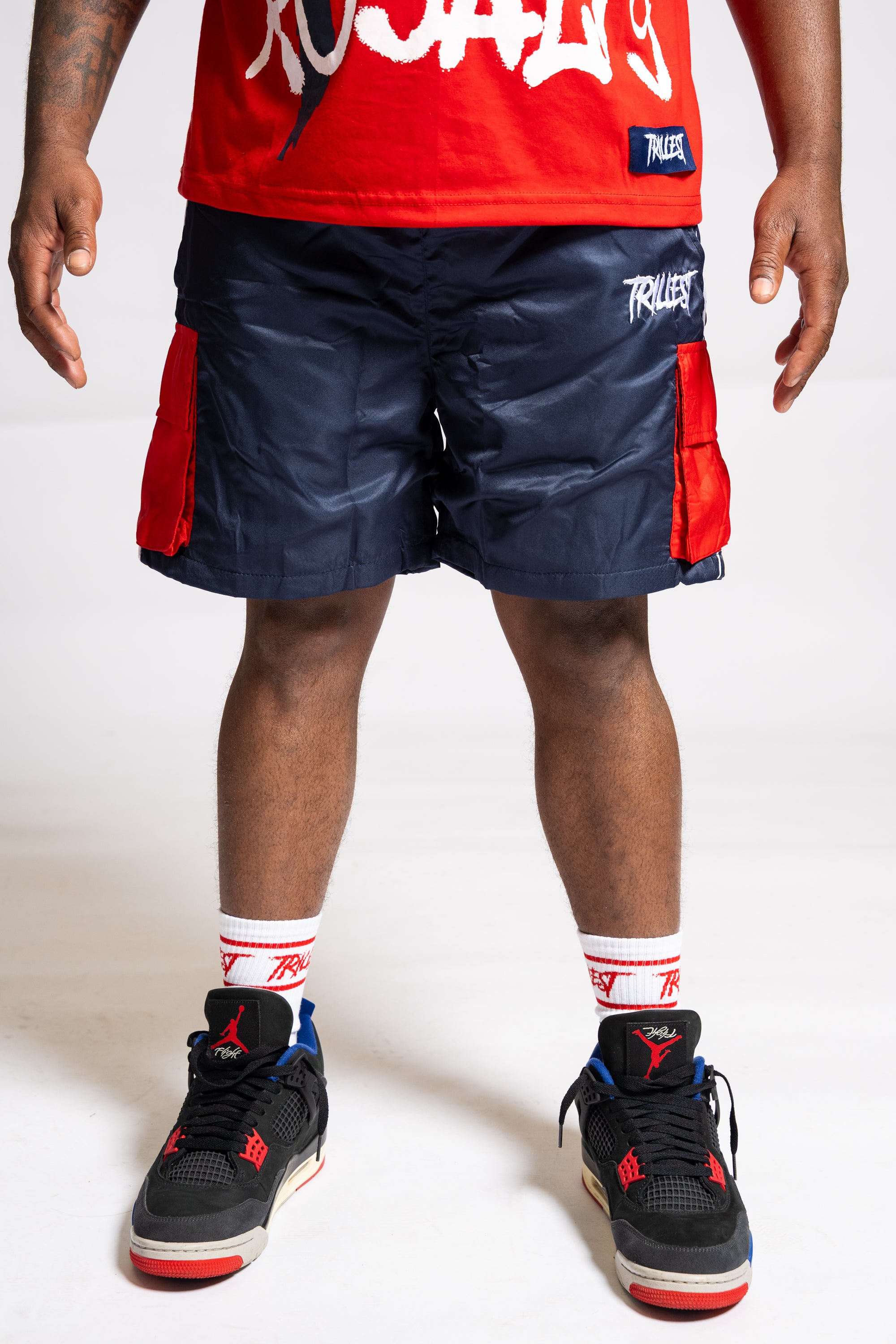 Cargo Windbreaker Shorts - Navy/Red