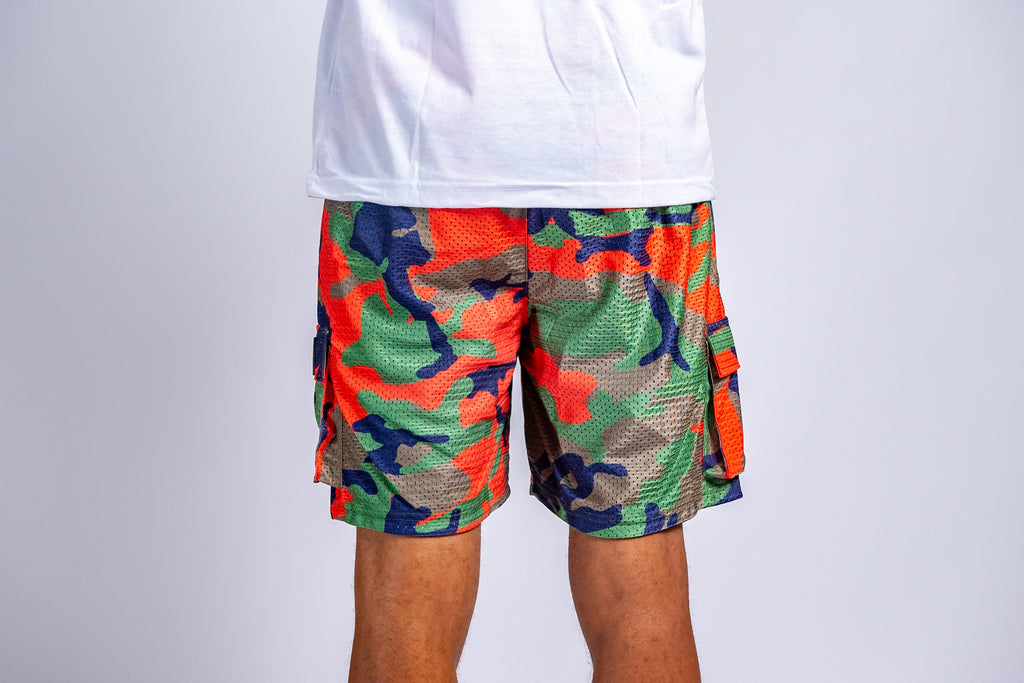 Trillest Orange Camo Cargo Mesh Shorts
