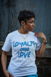 Loyalty Over Love Puff Print Tee - White/Baby Blue/Black