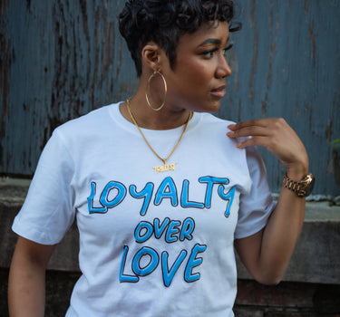 Loyalty Over Love Puff Print Tee - White/Baby Blue/Black