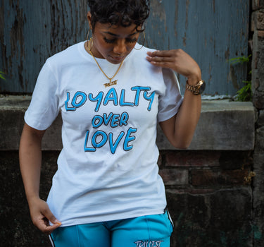 Loyalty Over Love Puff Print Tee - White/Baby Blue/Black