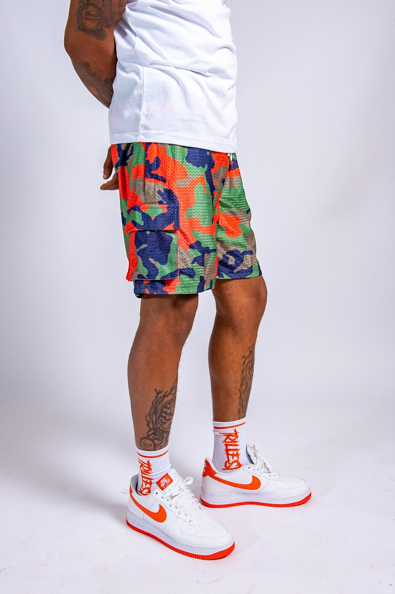 Trillest Orange Camo Cargo Mesh Shorts