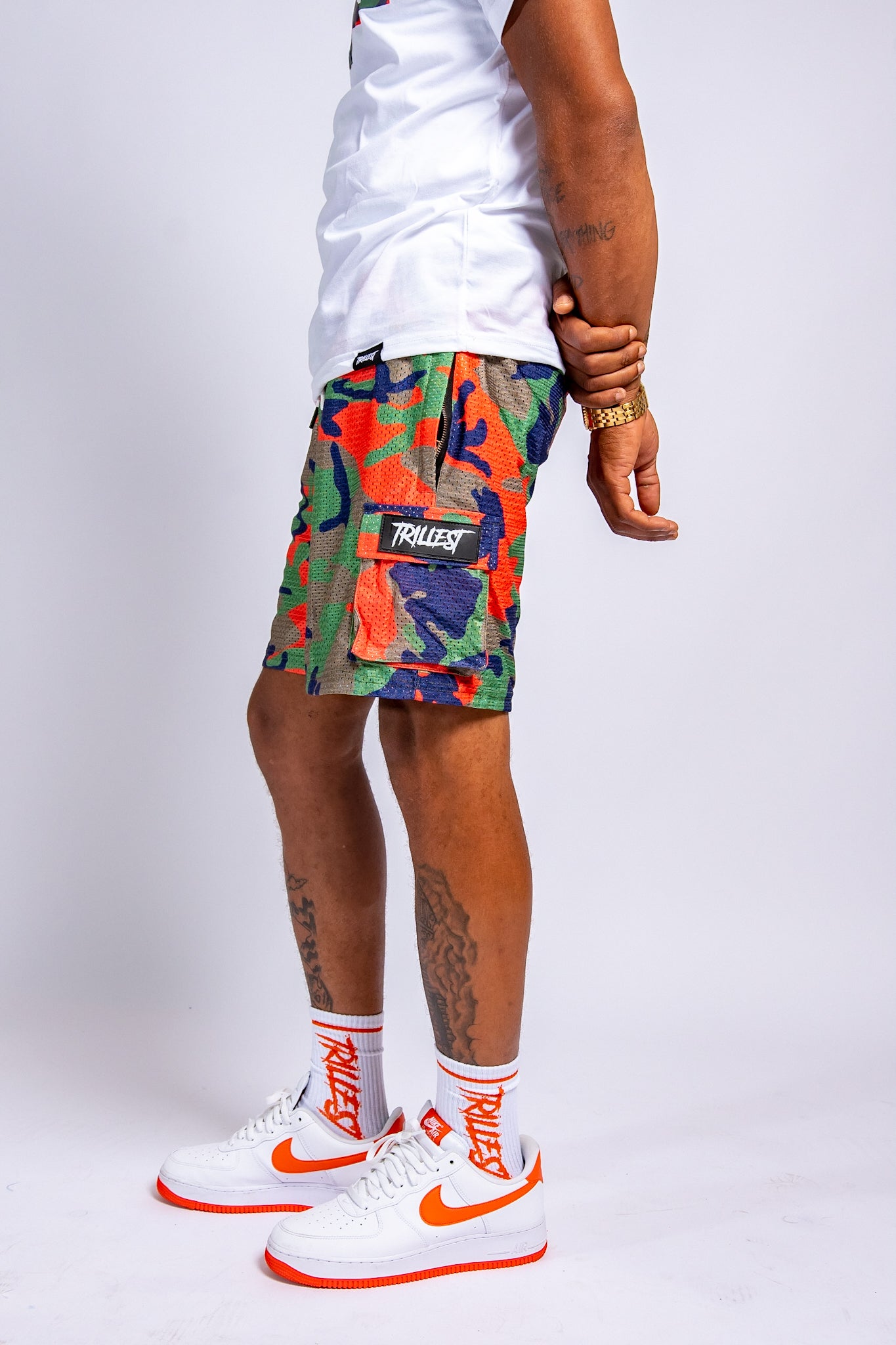 Trillest Orange Camo Cargo Mesh Shorts