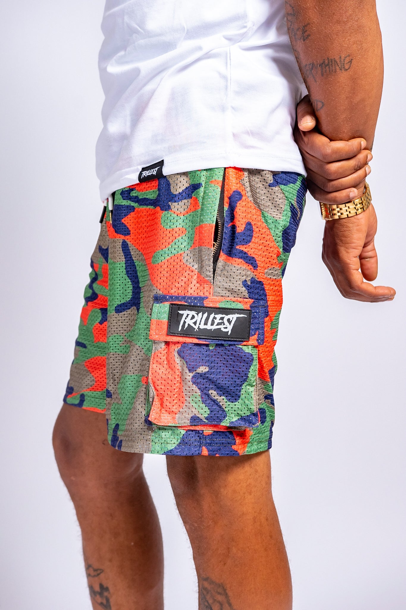 Trillest Orange Camo Cargo Mesh Shorts