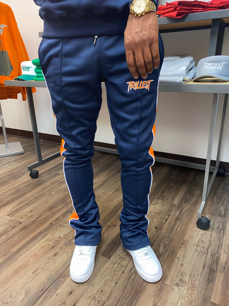 Trillest Stacked Track Pants - Navy Blue/Orange